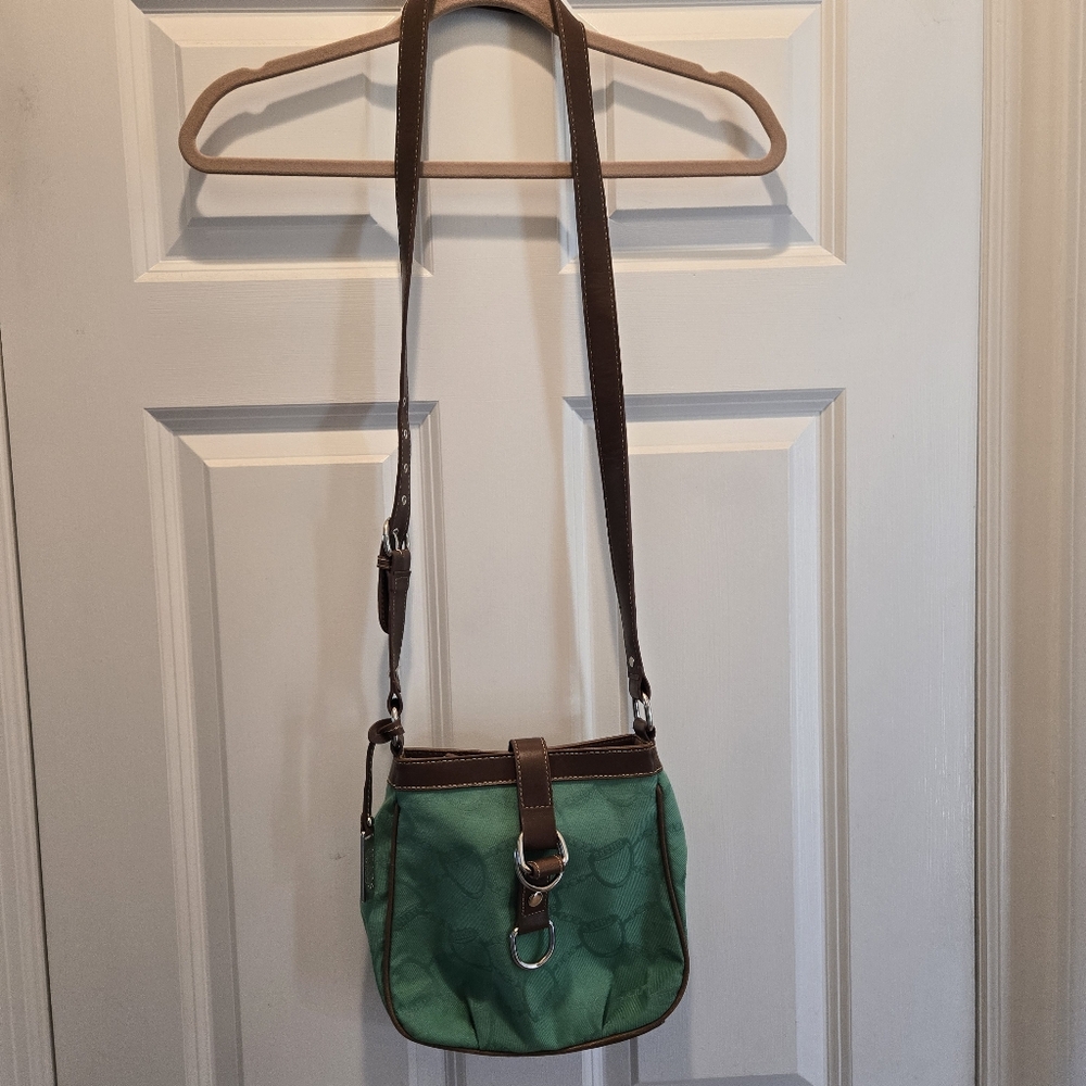 Chaps Crossbody Bag Green Monogram Brown Trim Equestrian Buckle Adjustable Zip